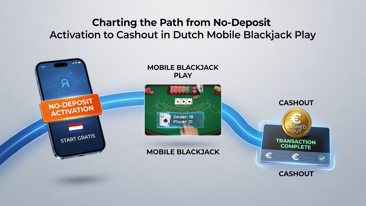 Stapsgewijs diagram van no-deposit activering tot cashout in Nederlandse mobiele blackjack