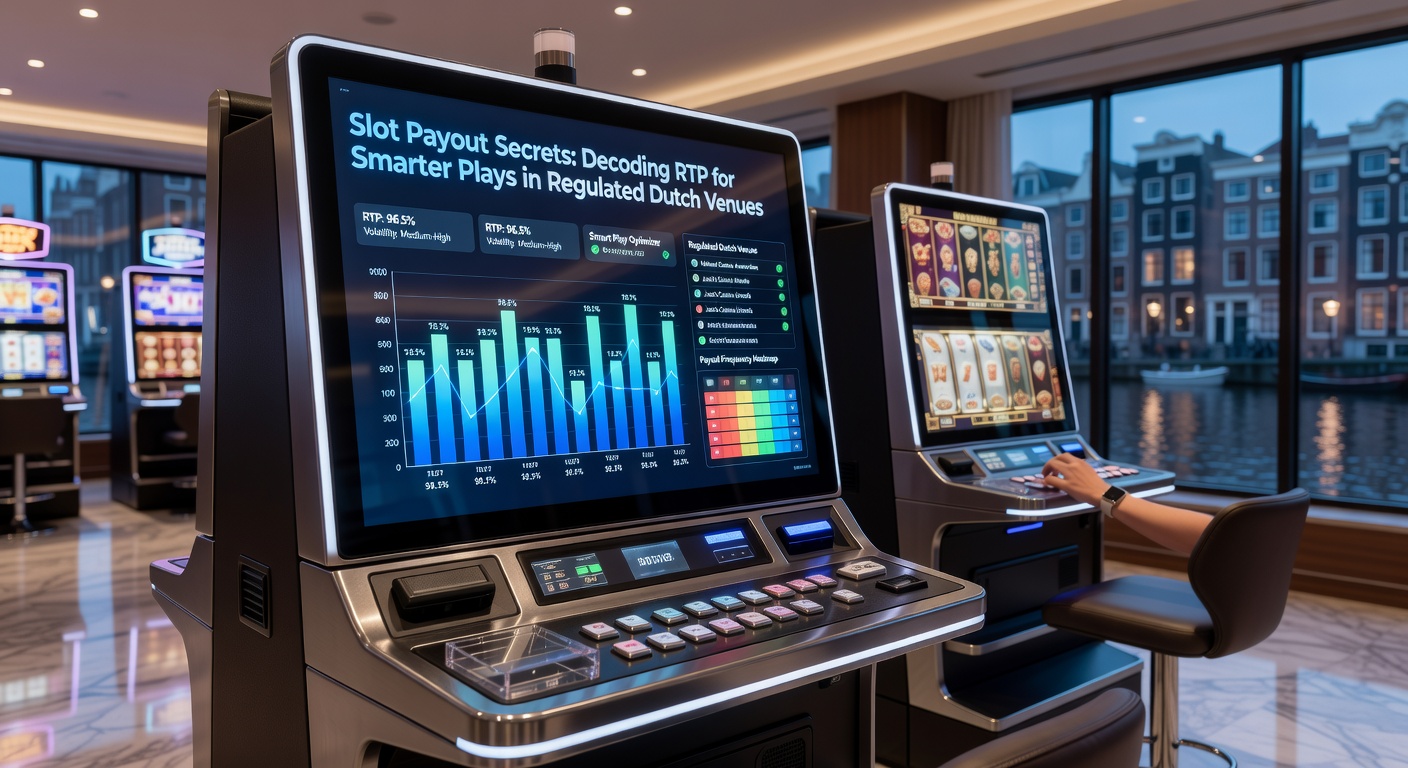 Slotmachine-scherm met gloeiende RTP-percentage en draaiende rollen in een Nederlands casino