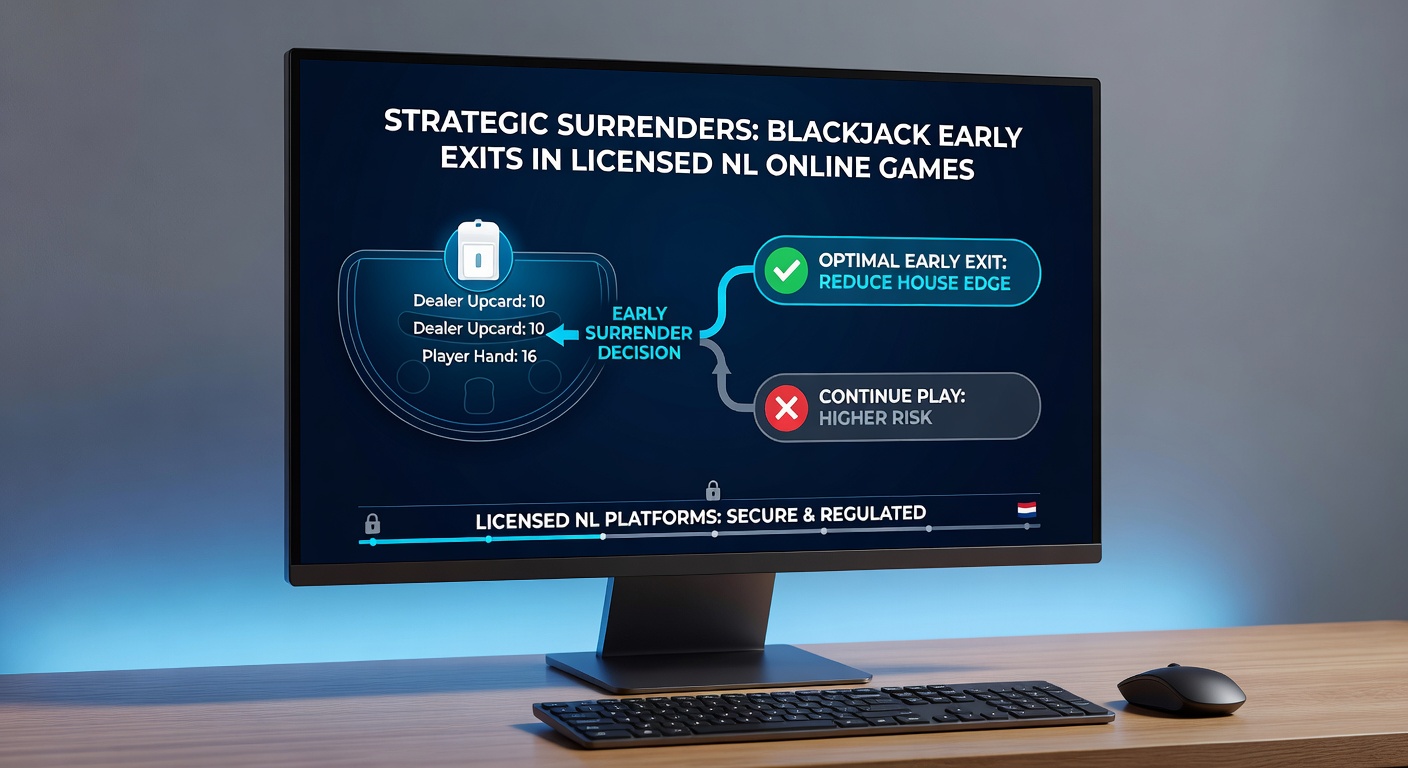 Speler aan een digitaal blackjack scherm die de surrender knop activeert tegen een dealer ace, met chips en kaarten in beeld