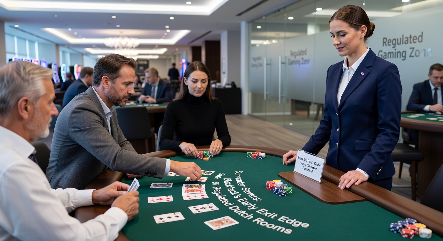 Blackjacktafel met surrender-optie in een Nederlands online casino, waar spelers vroegtijdig de hand opgeven voor een kleiner verlies