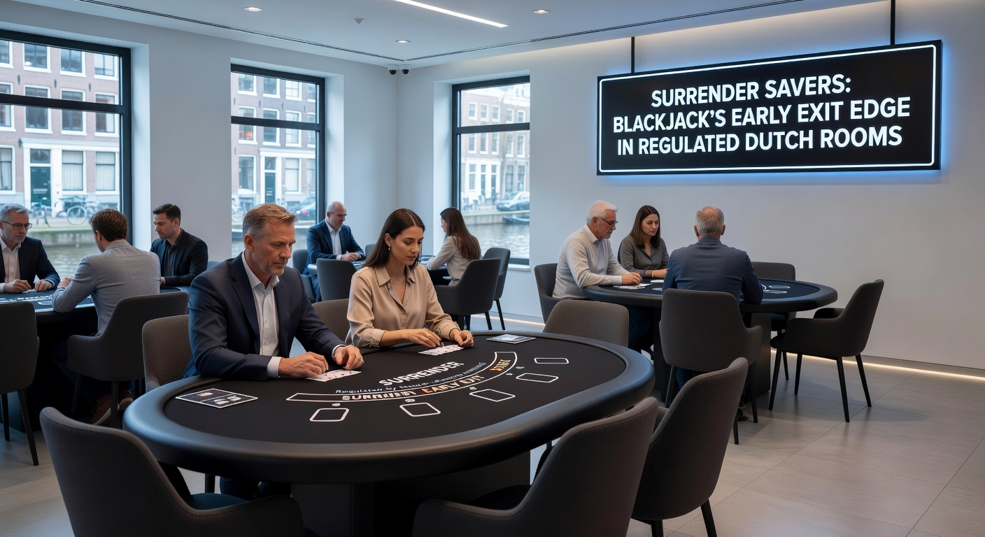 Speler aan een digitale blackjacktafel die de surrender-knop activeert, met dealer-ace zichtbaar in een Nederlands gereguleerd casino